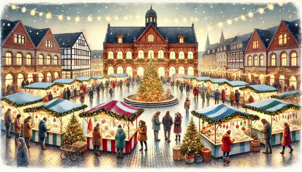 Adventsmarkt im KuB in Bad Oldesloe mit festlicher Beleuchtung, Ständen mit Kunsthandwerk und weihnachtlicher Dekoration vor dem historischen Rathaus.