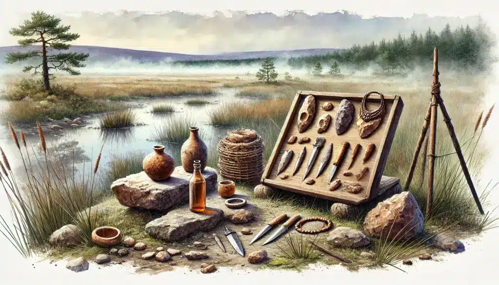 Archäologische Funde wie Werkzeuge und Schmuckstücke aus Feuerstein auf einem Display im Brenner Moor.