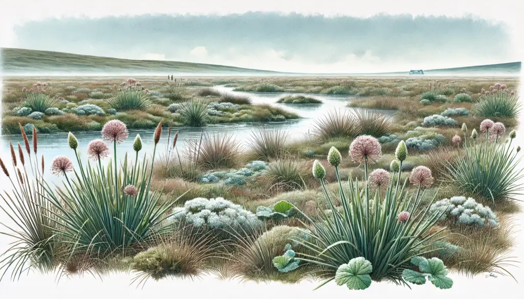 Moorlandschaft im Brenner Moor mit seltenen Salzpflanzen, Schilfgebieten und Wasserflächen unter blauem Himmel.