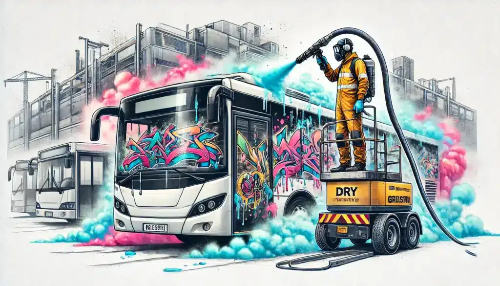 Fachkraft entfernt Graffiti von einem Bus mit Trockeneisstrahlen, Werterhalt und professionelle Reinigung.