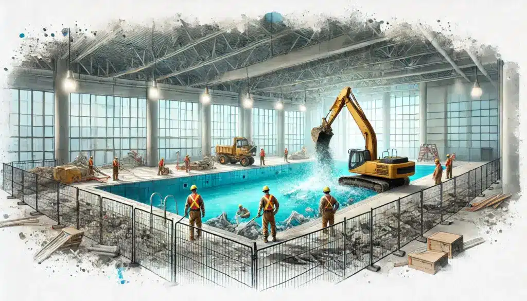 Abbrucharbeiten im Travebad mit Arbeitern, die massive Betonteile aus einem Schwimmbecken entfernen.