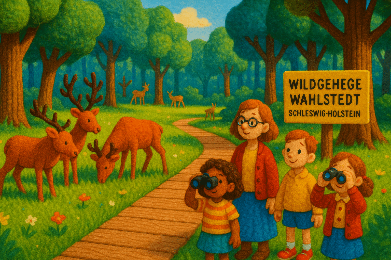Familie beobachtet Hirsche und Rehe im Wildgehege Wahlstedt in Schleswig-Holstein bei einem Spaziergang durch den Wald